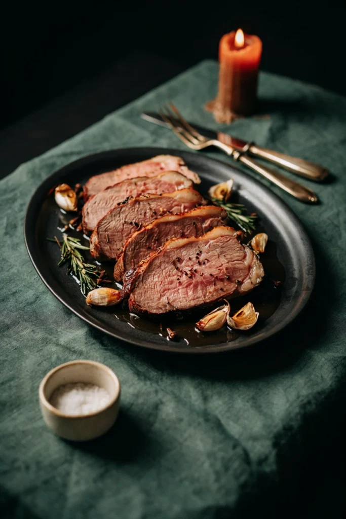 A sliced prime rib roast on a dark serving platter with a crusted brown edge, rosemary sprigs, roasted garlic cloves, and pooled au jus