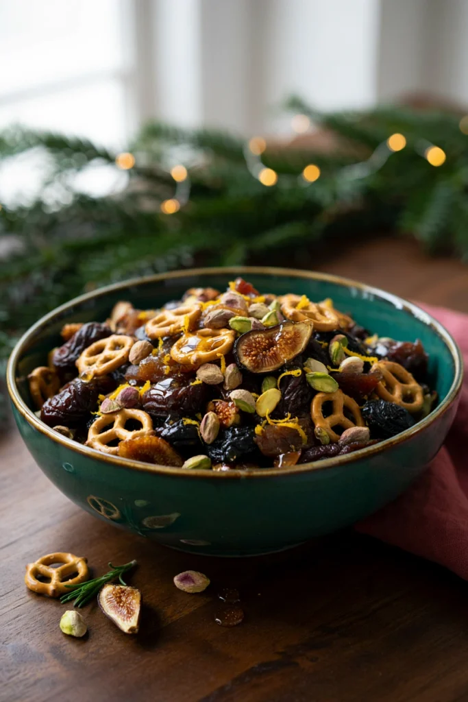Sugarplum snack mix with dried plums, figs, and pistachios