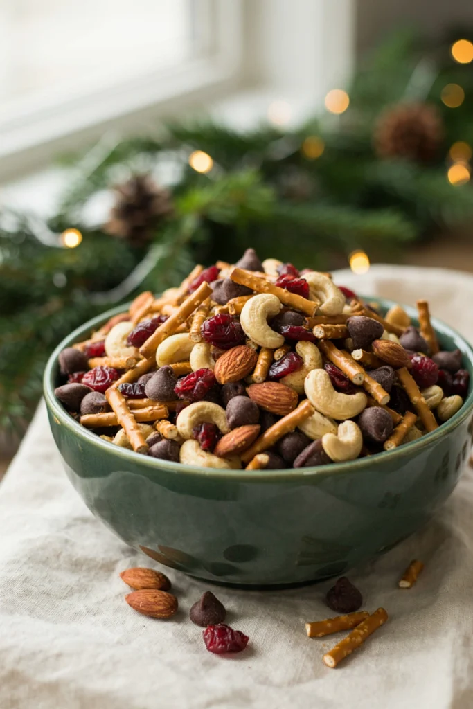 Five-minute nutty chocolate snack mix with dried cranberries