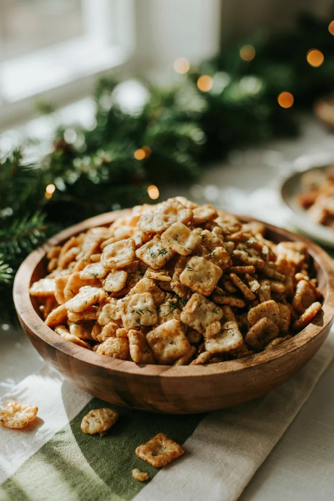 Ranch oyster cracker Christmas snack mix in a wooden bowl