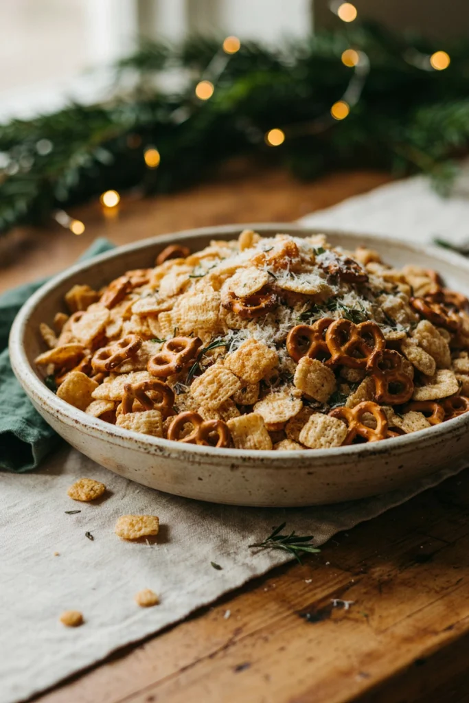 Parmesan herb Chex party mix in a wooden bowl