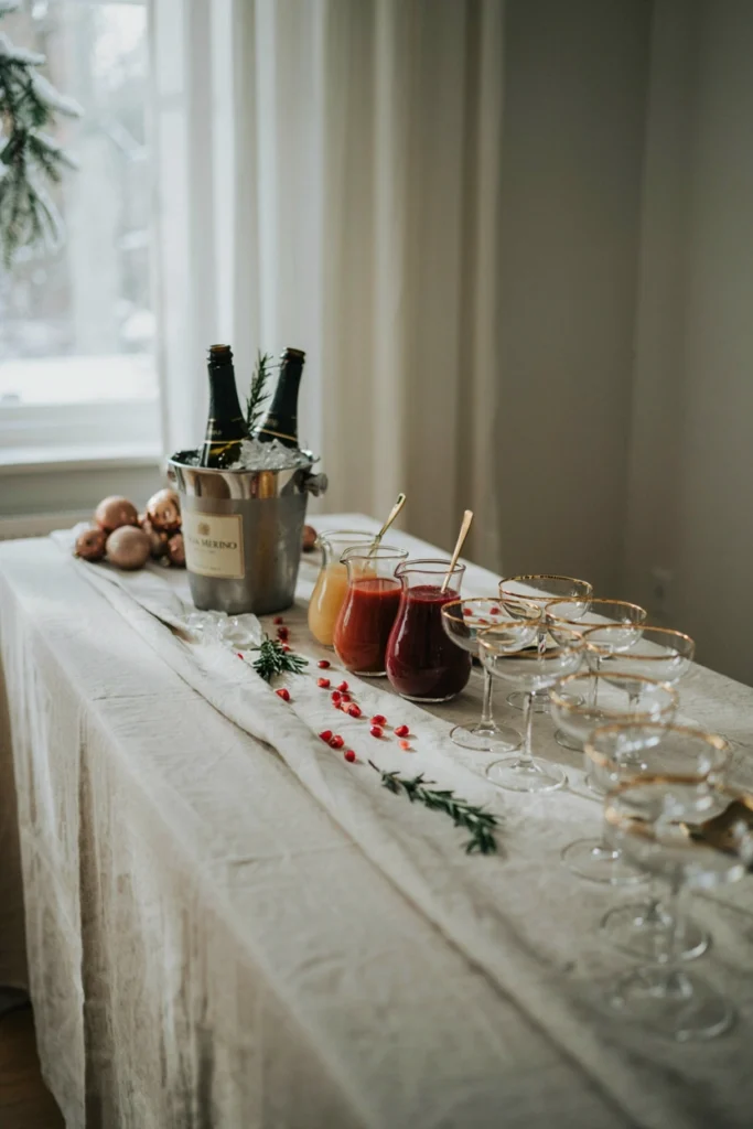 Chilled champagne bottles in an ice bucket next to pitchers of peach, pomegranate, and cranberry purée with coupe glasses