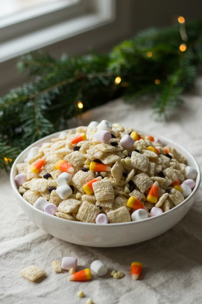 Instant snowman snack mix with cereal and marshmallows