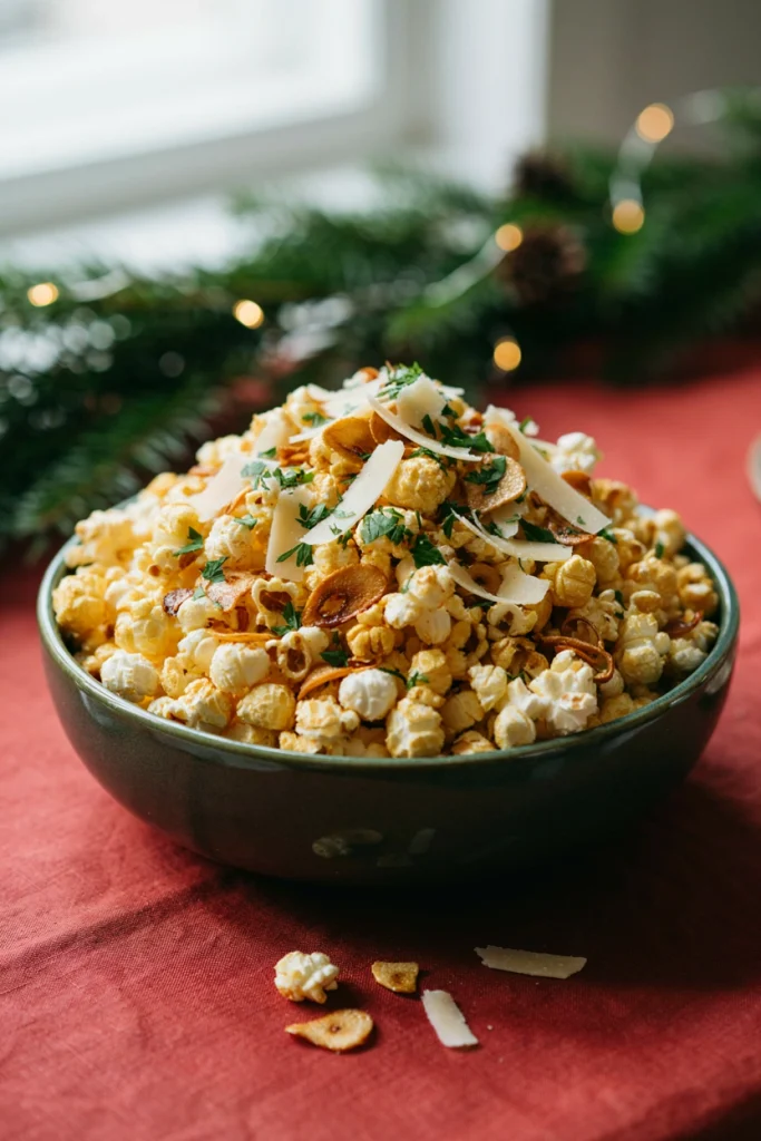 Garlic parmesan popcorn snack mix with crispy garlic