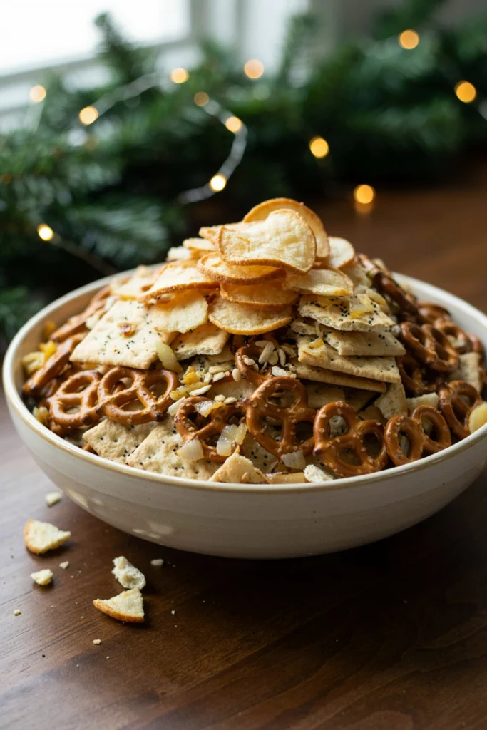 Everything bagel snack mix with pretzels, bagel chips, and sesame seasoning