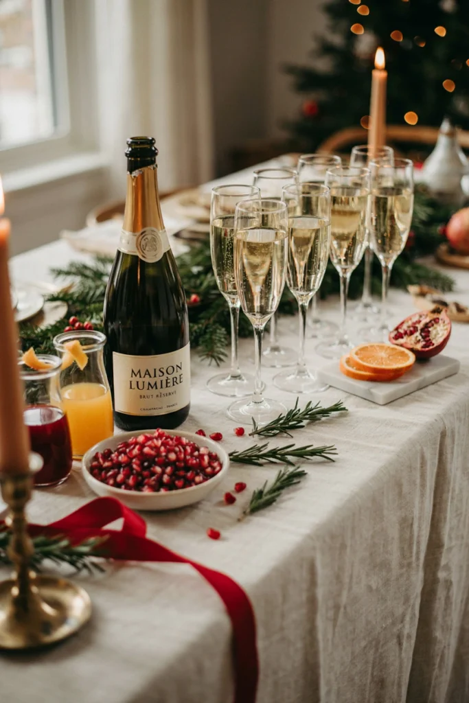 A styled drink station with a bottle of sparkling wine, small pitchers of orange, cranberry, and pomegranate juice, and glasses garnished with rosemary and pomegranate seeds.
