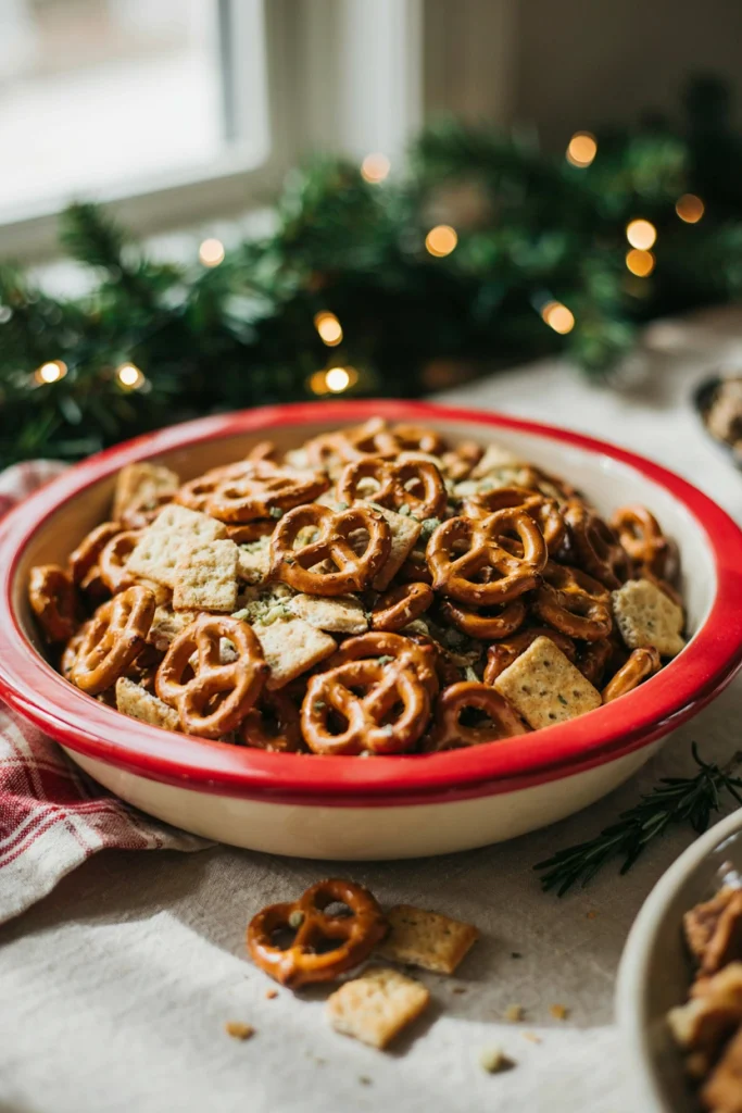 Buffalo ranch pretzel snack mix with glossy orange glaze