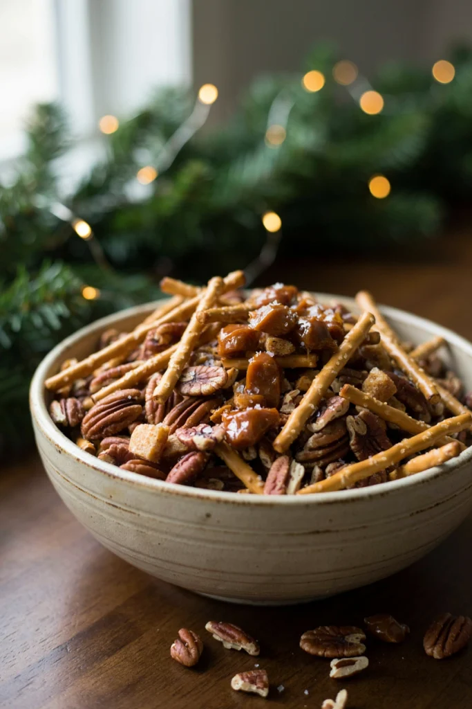 Toffee pecan snack mix with caramel-glazed pecans and pretzel sticks