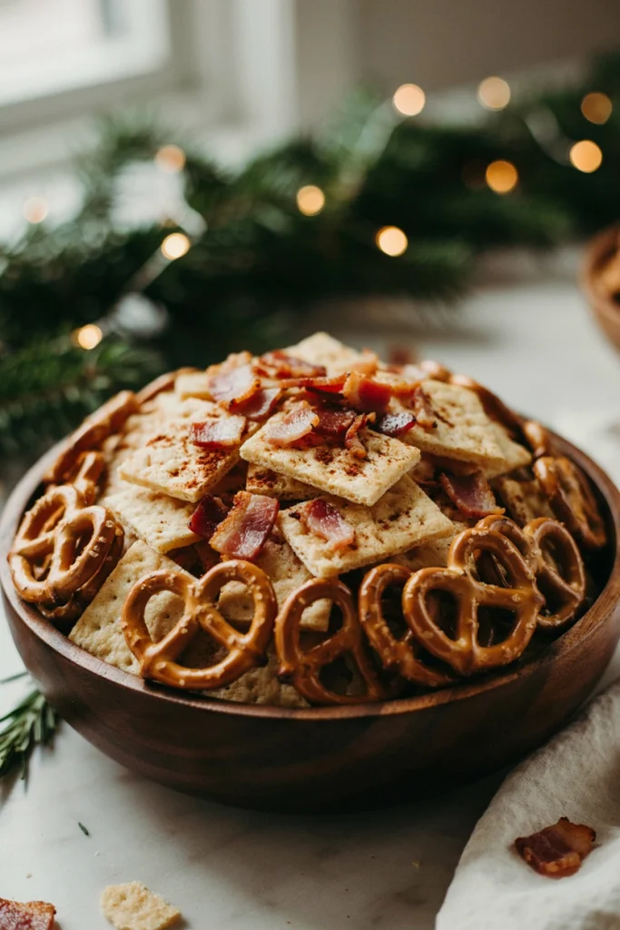 Bacon cheddar cracker snack mix with crumbled bacon