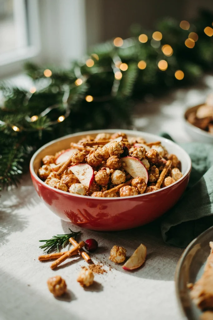 Caramel apple snack mix with popcorn, freeze-dried apple chips, and pretzels