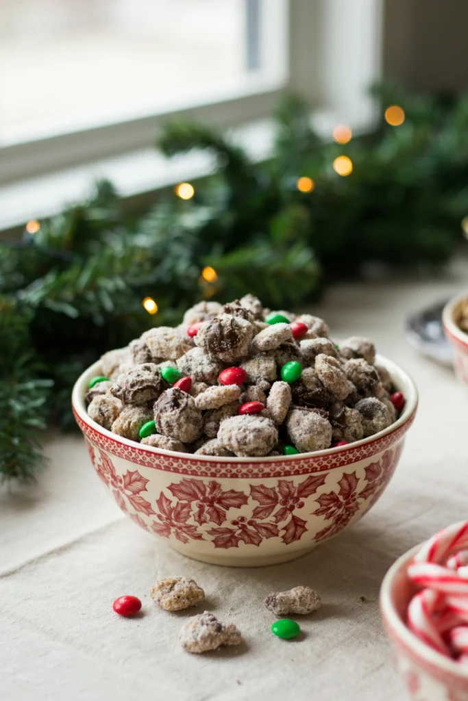 Chocolate peanut butter Christmas puppy chow with red and green candies