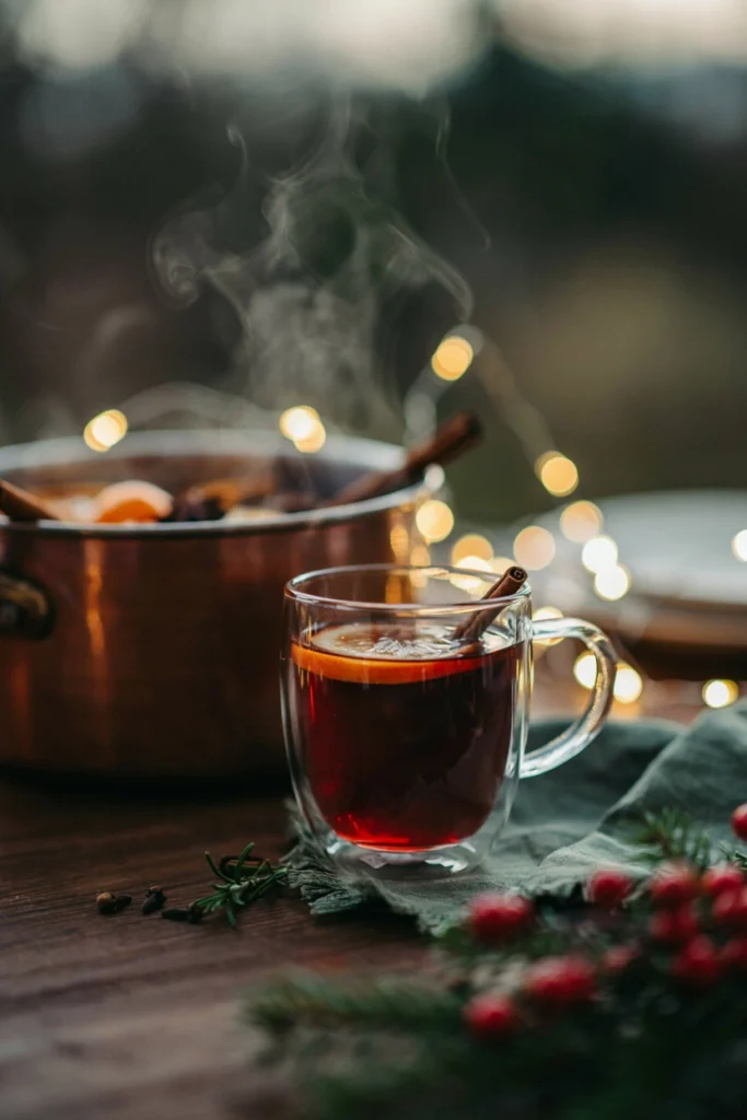A large pot of deep red mulled wine with cinnamon sticks, star anise, and orange slices floating on top, being ladled into a glass mug