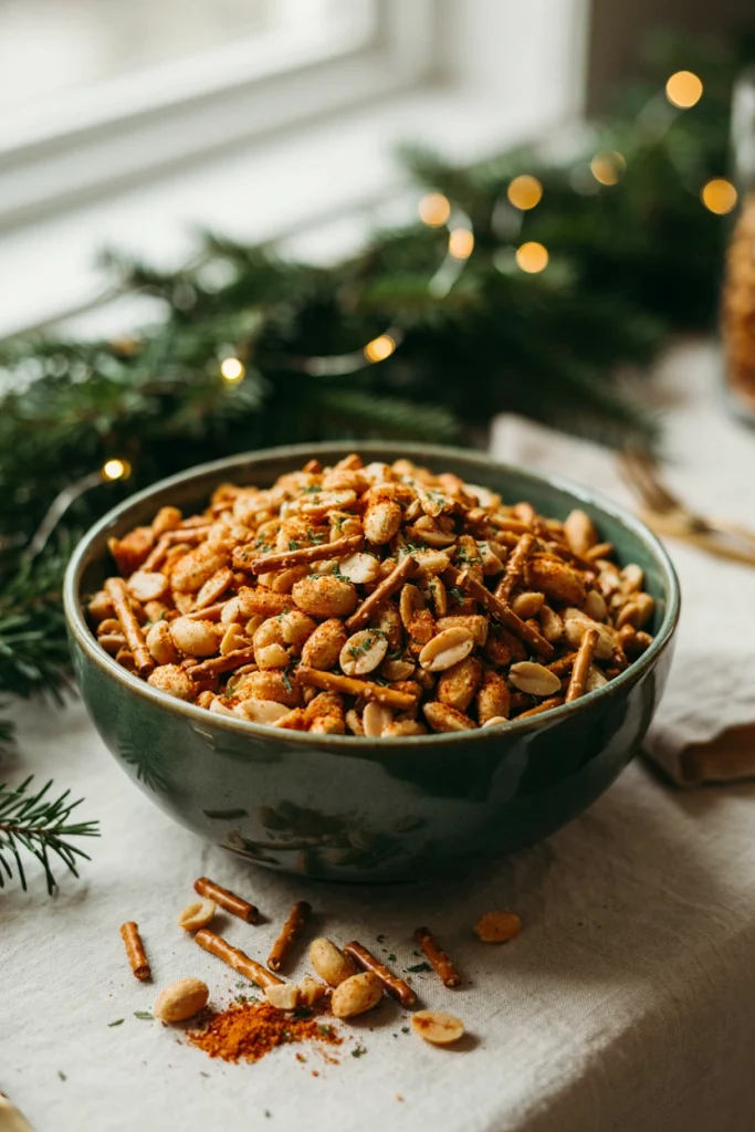 Sweet and spicy chili lime snack mix with peanuts and pretzels