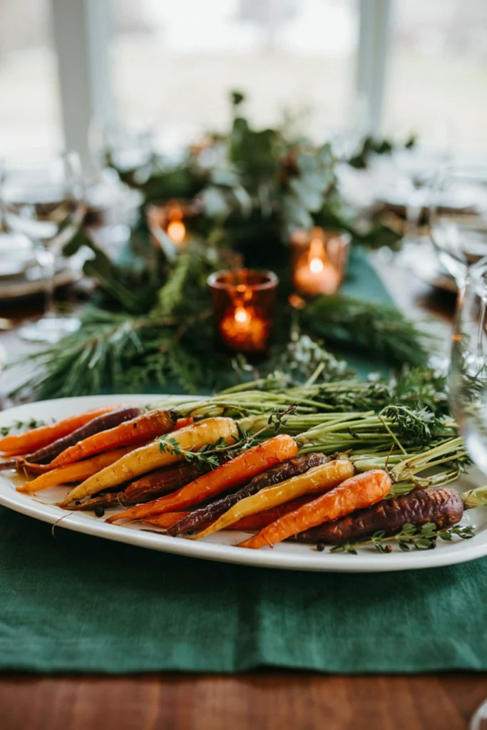 Whole roasted rainbow carrots with tops attached, glossy honey glaze coating the surface, fanned on a long platter with fresh thyme