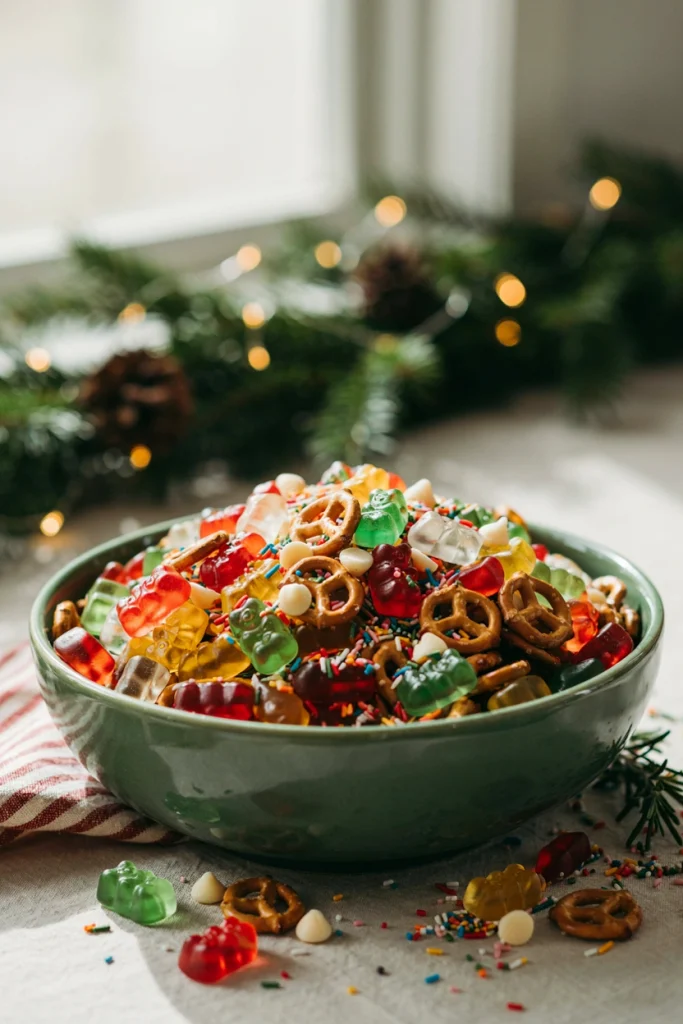 Gummy bear winter wonderland snack mix with pretzels