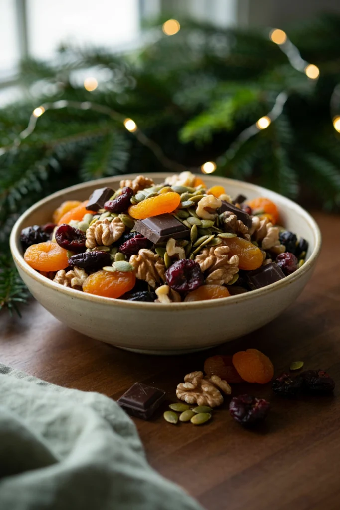 Fruit and nut winter snack mix with dried apricots and dark chocolate