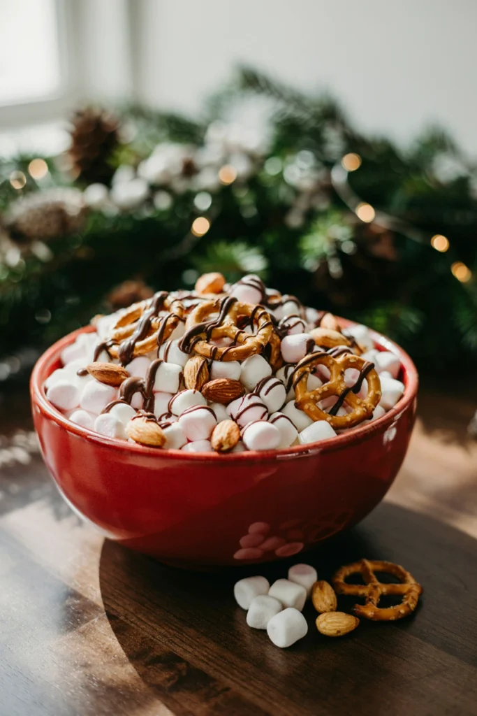 Rocky road snack mix with marshmallows, almonds, and chocolate drizzle