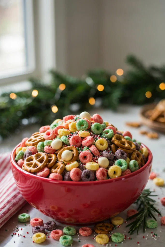 Fruity reindeer chow snack mix with colorful cereal and pretzel pieces