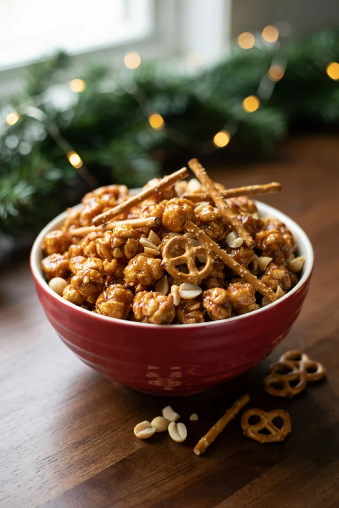 Salty sweet no-bake snack mix with caramel corn and peanuts