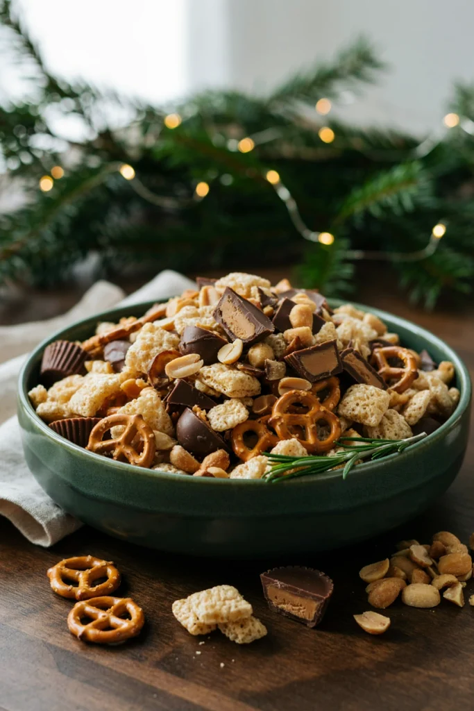 Peanut butter cup snack mix with chopped candy and pretzels