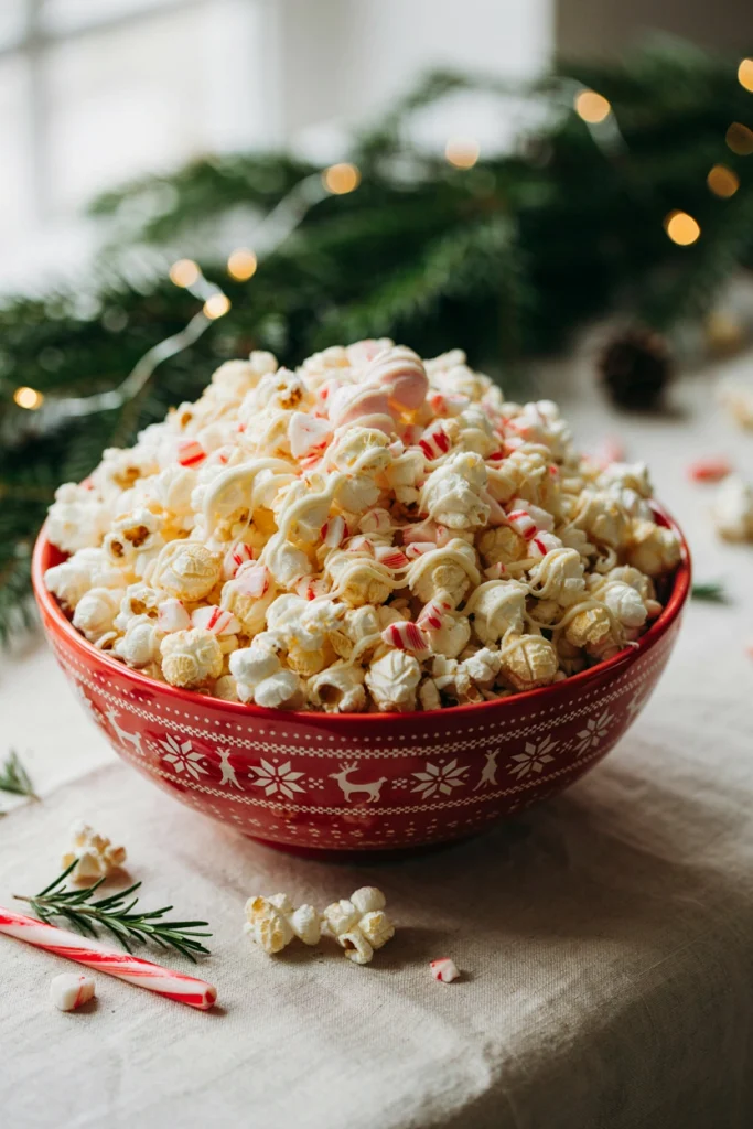 Candy cane popcorn snack mix with pink and white chocolate drizzle
