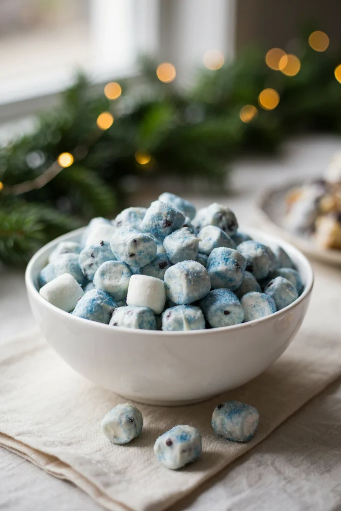 Marshmallow snowman snack mix with blue sanding sugar