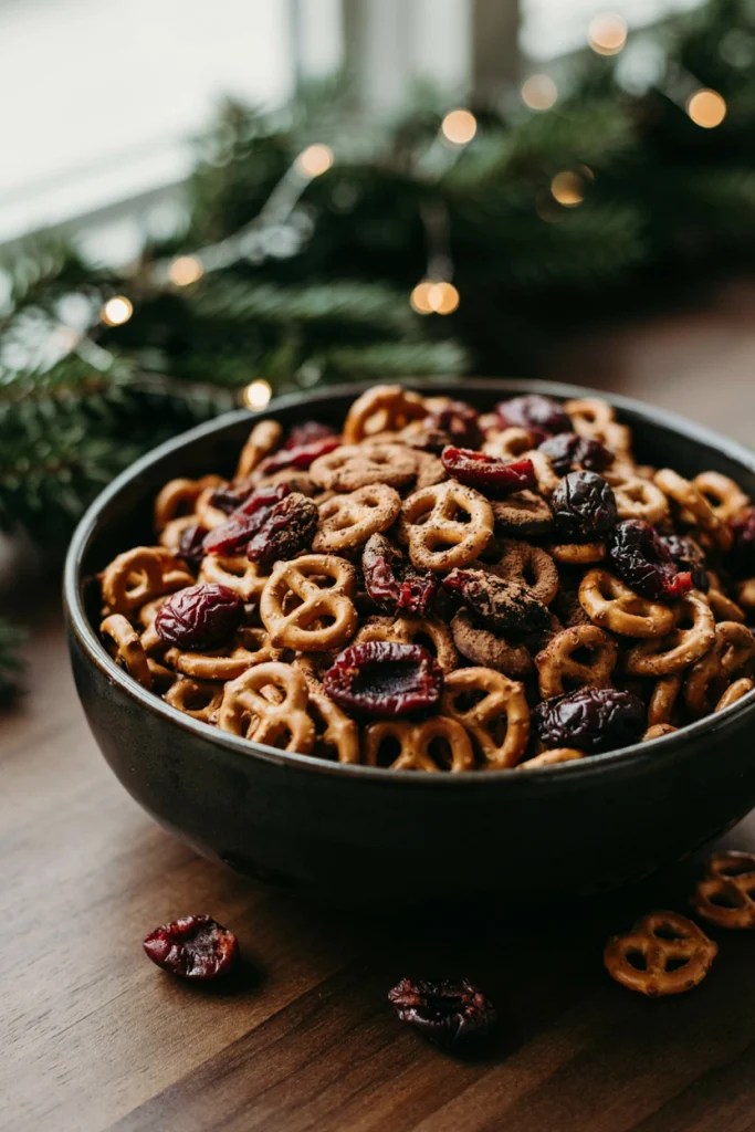 Chocolate covered cherry snack mix dusted with cocoa powder