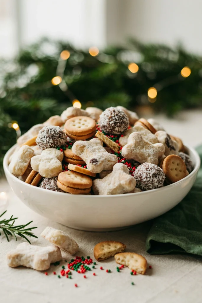 Sugar cookie snack mix with frosted animal crackers and rainbow nonpareils