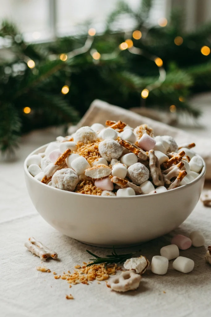 Snowball coconut snack mix with white chocolate marshmallows and toasted coconut