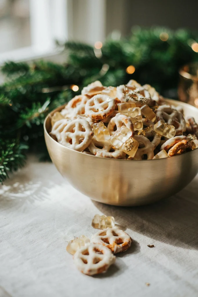 Champagne gummy and white chocolate snack mix with gold sprinkles