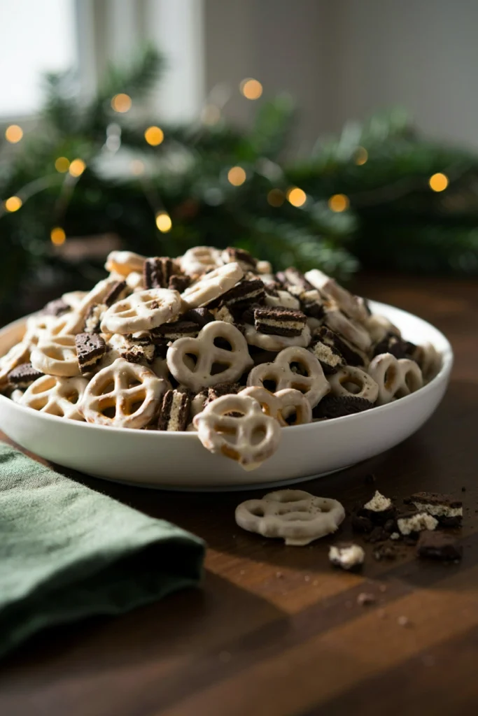 Cookies and cream snack mix with white chocolate and crushed sandwich cookies