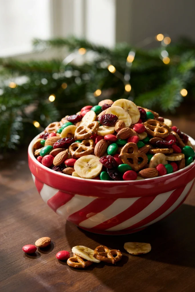Christmas trail mix with candy-coated chocolates, almonds, and cranberries in a mason jar