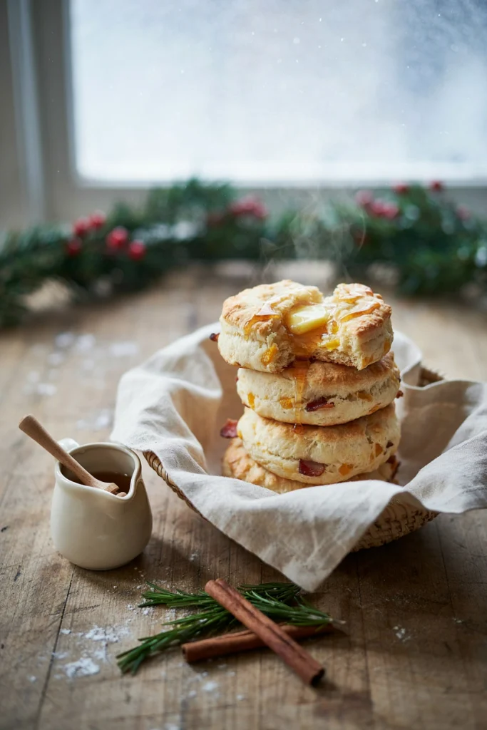 Split-open flaky biscuits revealing bits of crispy bacon and melted cheddar, glazed with a shiny maple drizzle.