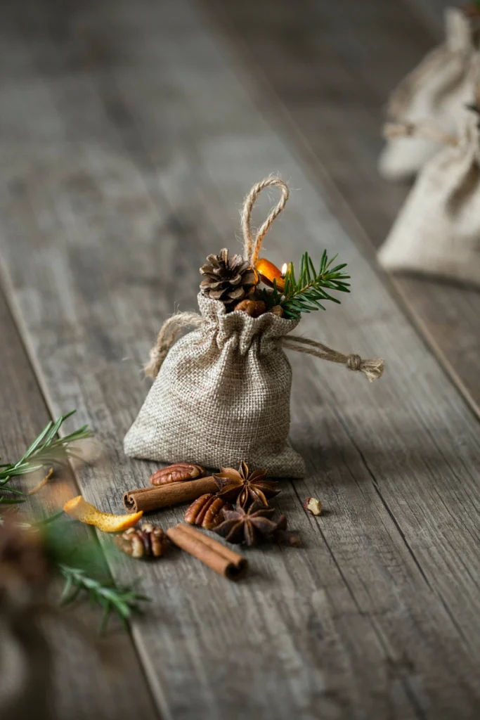 Small burlap drawstring sack tied with jute cord, a pinecone, and cedar sprig