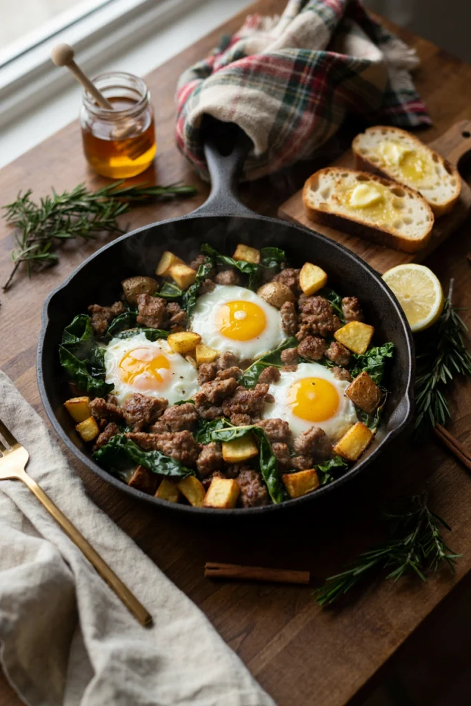 A cast iron skillet filled with browned turkey sausage, wilted kale, and soft scrambled eggs, garnished with red pepper flakes.