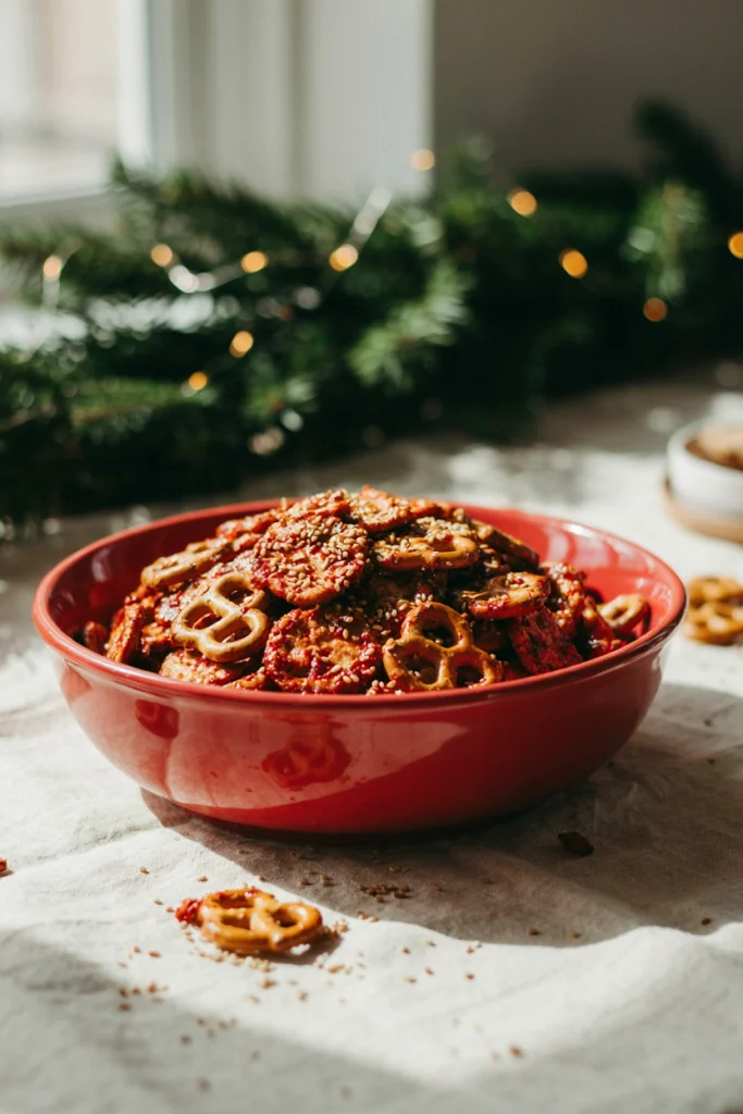 Sriracha sesame snack mix with glossy red glaze and sesame seeds