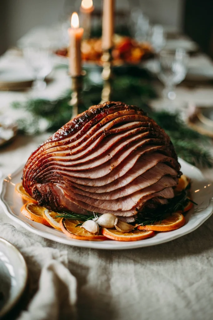 A spiral-cut ham on a platter with sticky caramelized glaze, whole cloves studded across the surface, and orange slices at the base