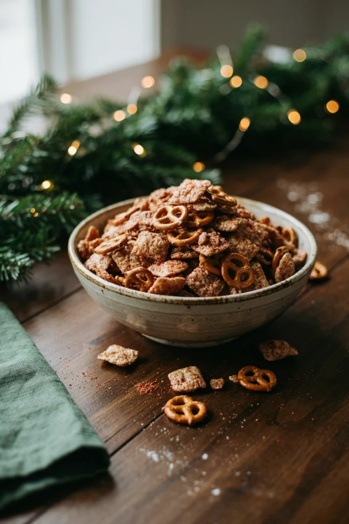 Cajun spiced snack mix with toasted cereal and pretzels