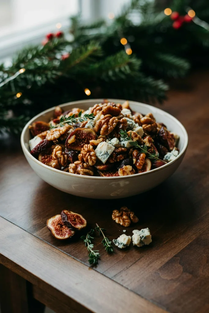 Fig and blue cheese snack mix with candied walnuts and honey