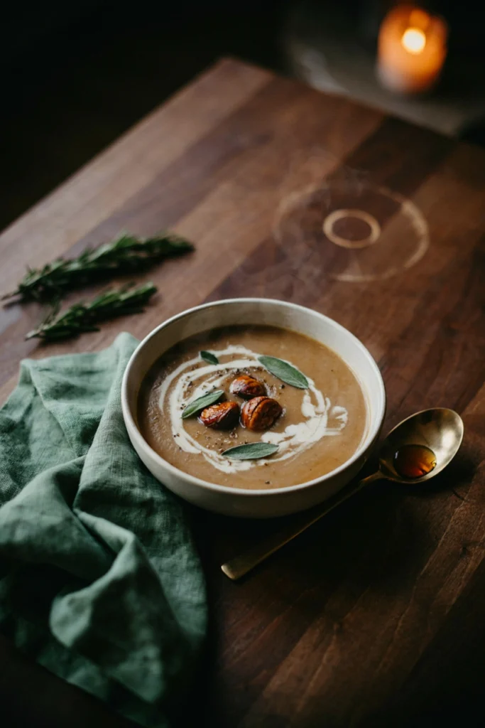 A shallow white bowl of pale golden-brown soup with a swirl of cream, roasted chestnut pieces, and fried sage leaves as garnish