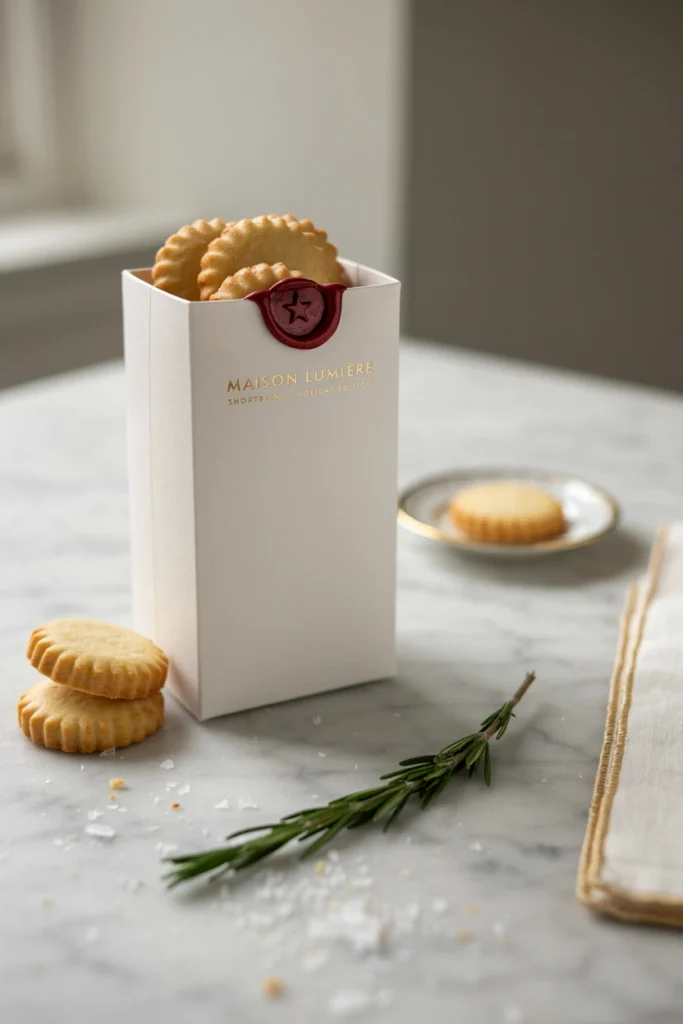 White box-style paper bag sealed closed with a deep red wax seal stamped with a star
