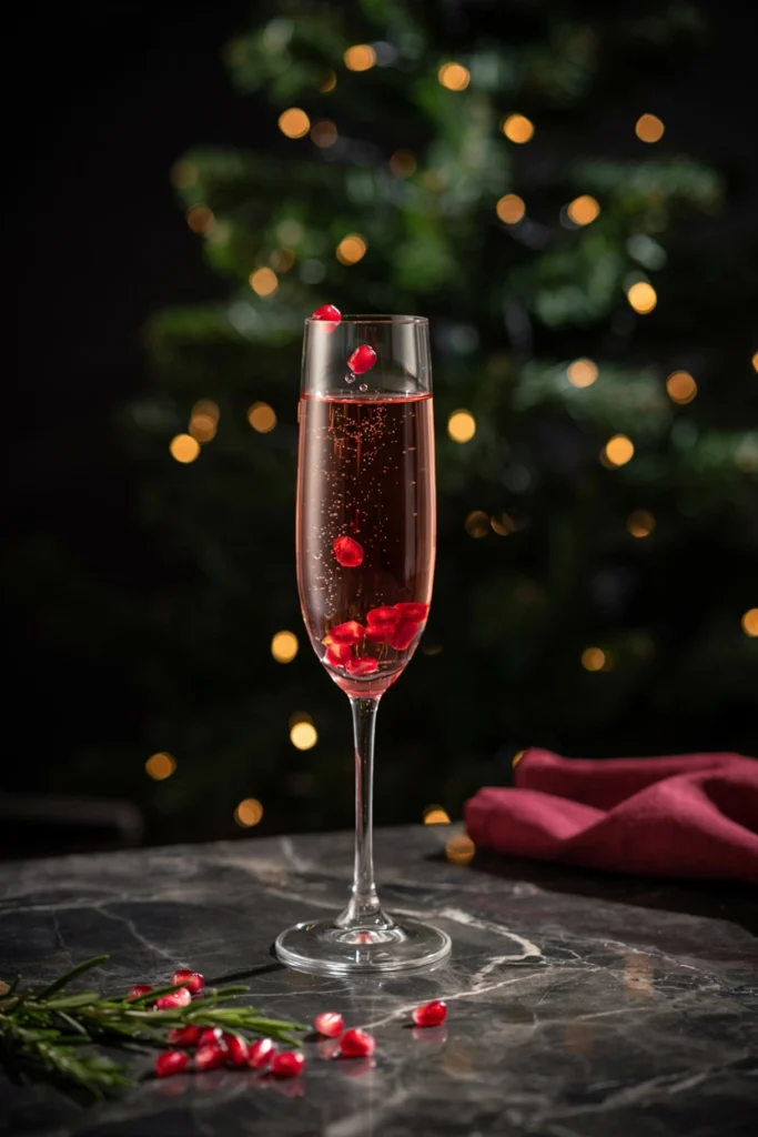 A champagne flute with deep red-pink sparkling liquid, pomegranate arils sinking through, styled identically elegant to the alcoholic version