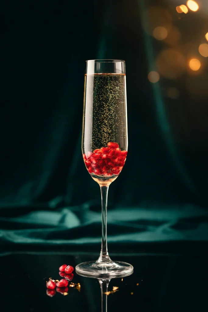 A champagne flute with jewel-toned pomegranate arils sinking to the bottom, gold bubbles rising, styled elegantly against a dark background