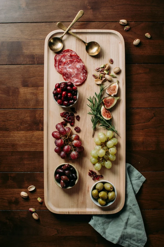A rectangular board organized into bold color blocks of deep red radishes, salami, and cranberries next to forest green olives, herbs, and pistachios