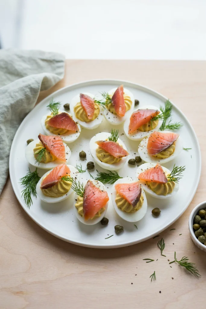 A platter of deviled eggs topped with curls of smoked salmon and fresh dill sprigs, arranged in neat rows.