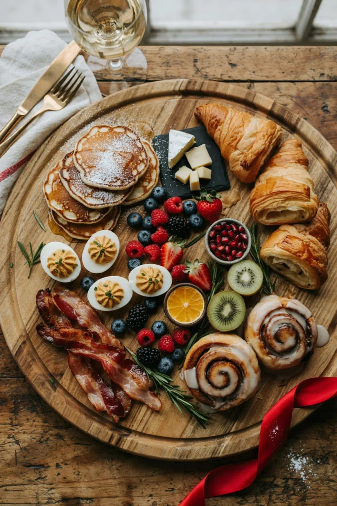 A large wooden board arranged with cured meats, cheeses, crackers, fresh and dried fruit, nuts, and small bowls of jam, styled with pine sprigs.