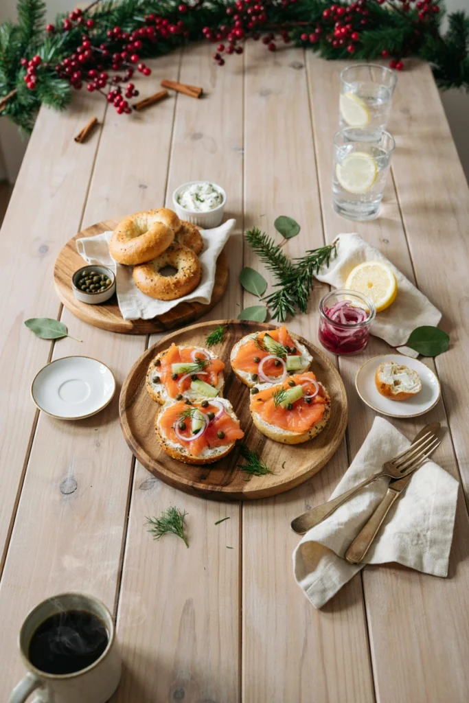 An assembled board with sliced bagels, silky lox, whipped cream cheese, capers, thin red onion, and lemon wedges.