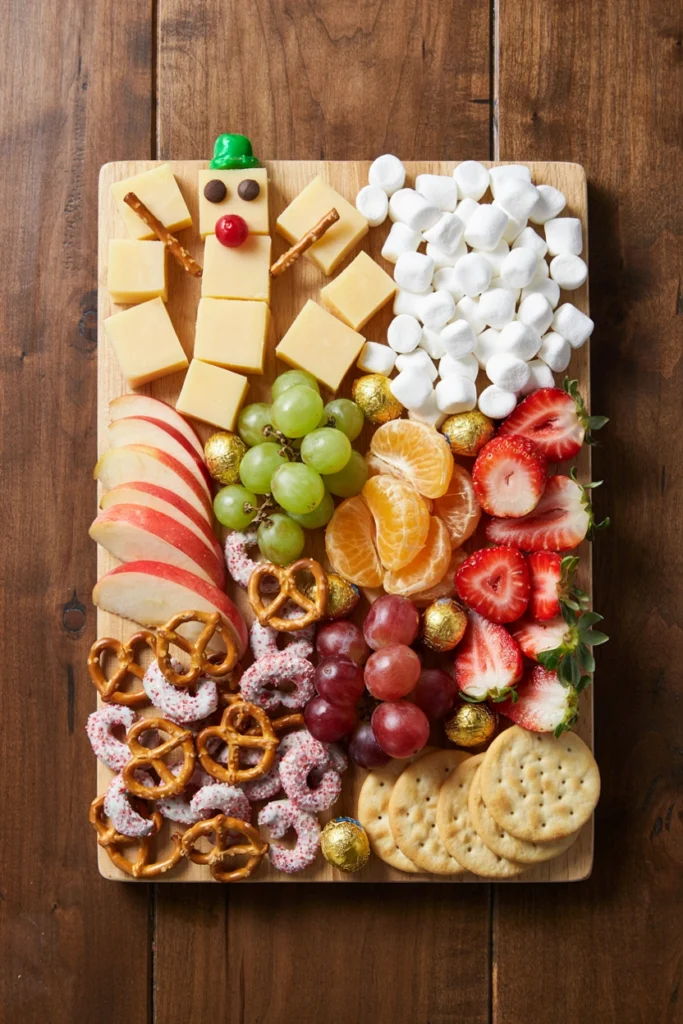 A colorful kid-friendly board with mild cheese cubes, mini pretzels, sliced strawberries, clementine segments, and chocolate coins arranged as a snowman