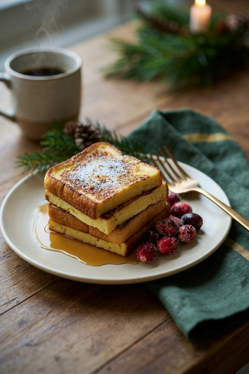Thick slices of golden French toast stacked on a plate, dusted with cinnamon and powdered sugar, syrup pooling at the base.