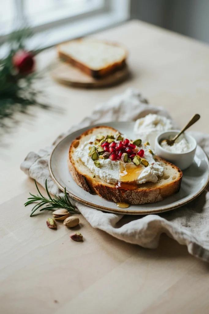 Slices of toasted sourdough spread with airy whipped feta, drizzled with honey and topped with crushed pistachios and thyme.